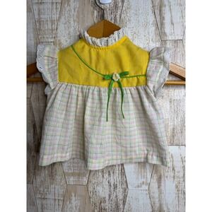 Vintage Toddle Time JC Penney Baby Girl Top Yellow Plaid Eyelet Trim Size 1